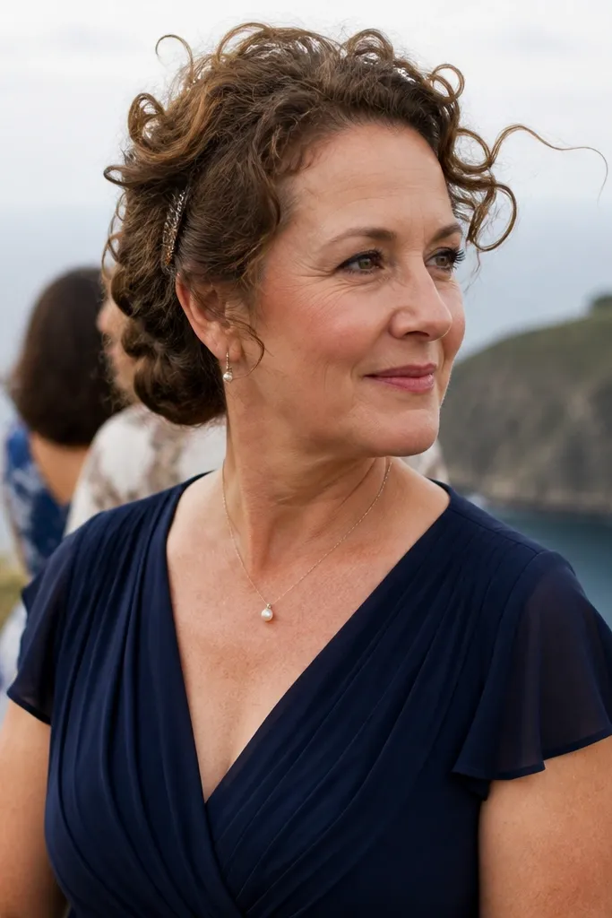 Short curly half-up with a small comb pinned at the side to hold curls