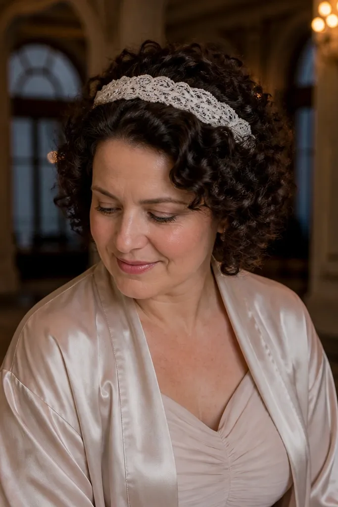 Short curly half-up with a thin lace headband across the crown