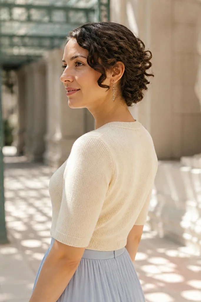 Curly short half-up with half-moon pin shape and a side roll detail