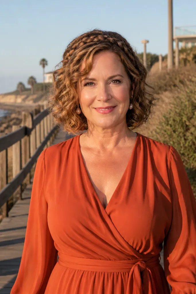 Short curly half-up with a low braid across the top and curls down