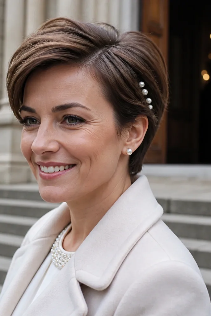 Short pixie hair swept to the side with small pearl pins
