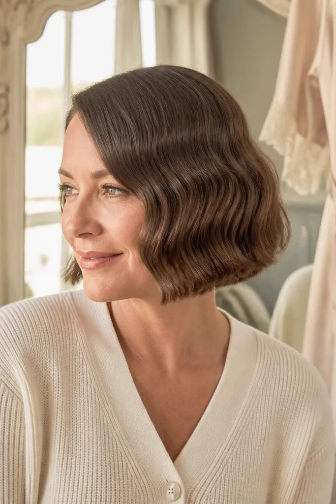 Short bob with gentle finger waves and a glossy finish