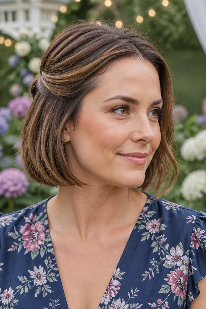 Short bob with a half-up mini twist pinned at the side