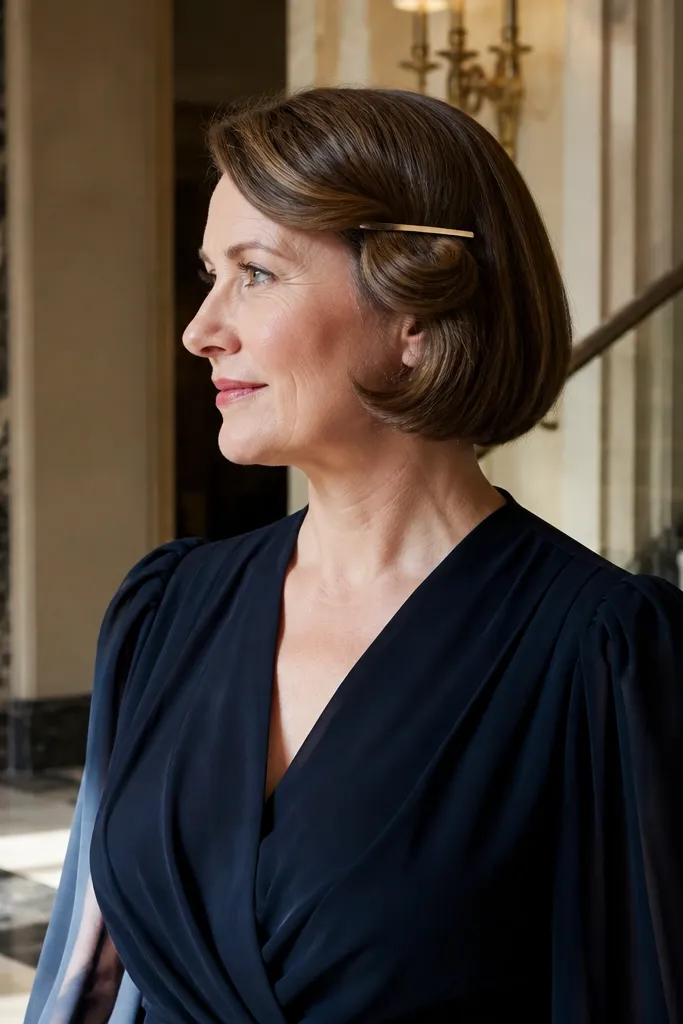 Short hair with a smooth side roll and a slim barrette