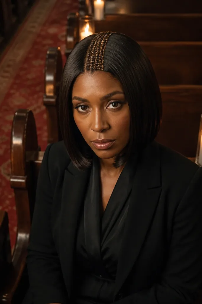 Sleek short bob with a thin braided strip across the front