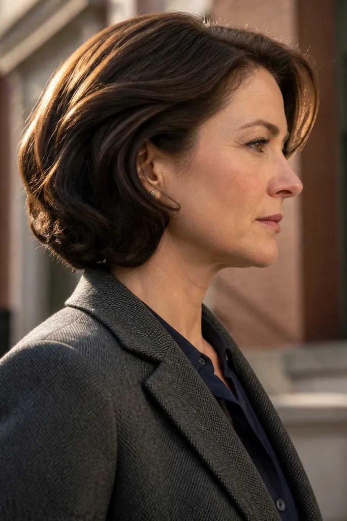 Short bob curled under with small tucked sections at the back