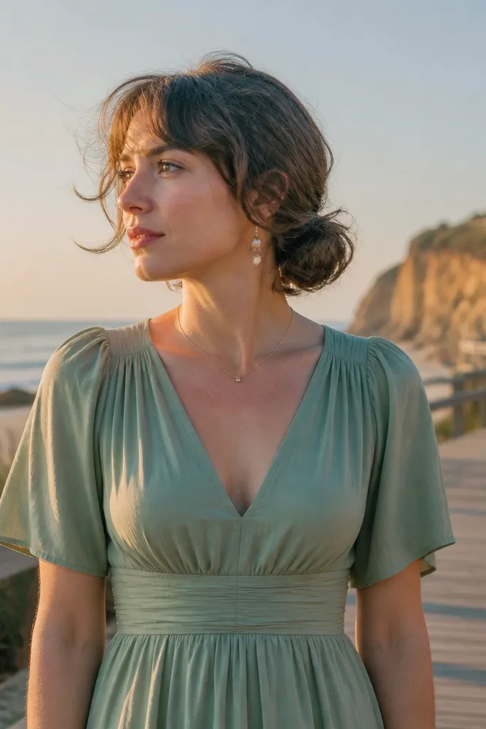 Small low bun with loose strands around a short bob