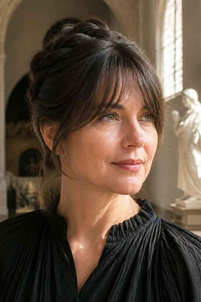 Short hair with a pinned crown twist and a loose fringe
