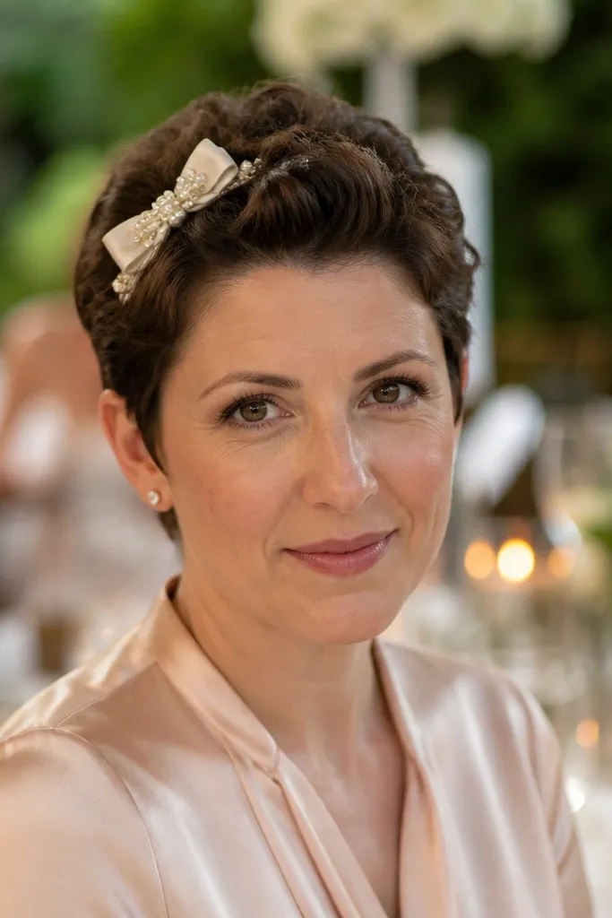 Pixie styled into a mini updo with a decorative bow comb