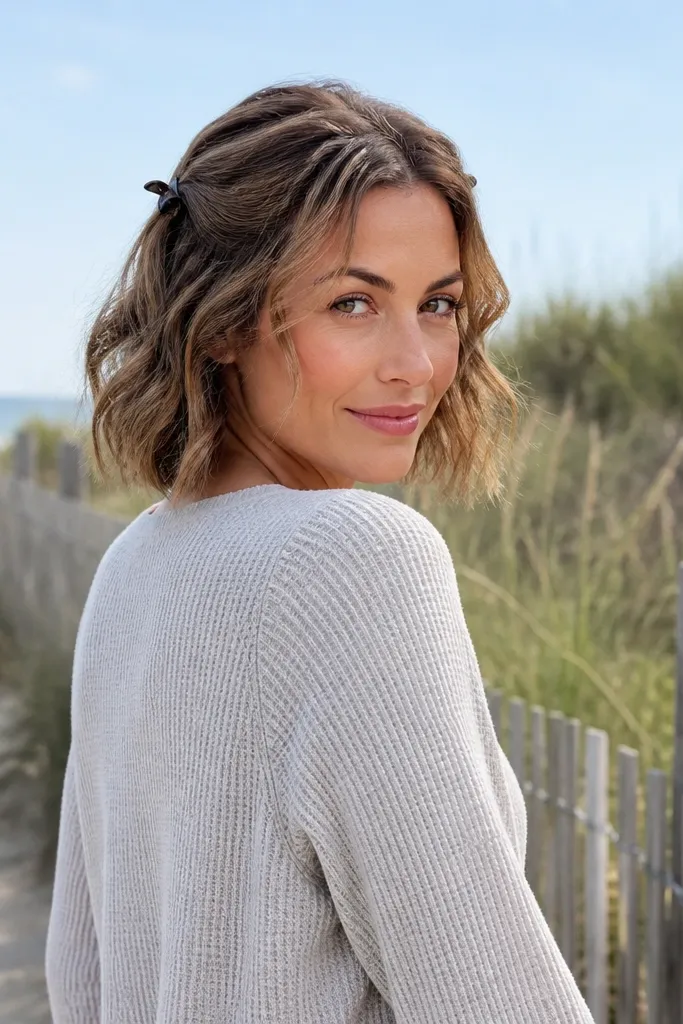 Bob with soft beach waves and two side clips holding front pieces