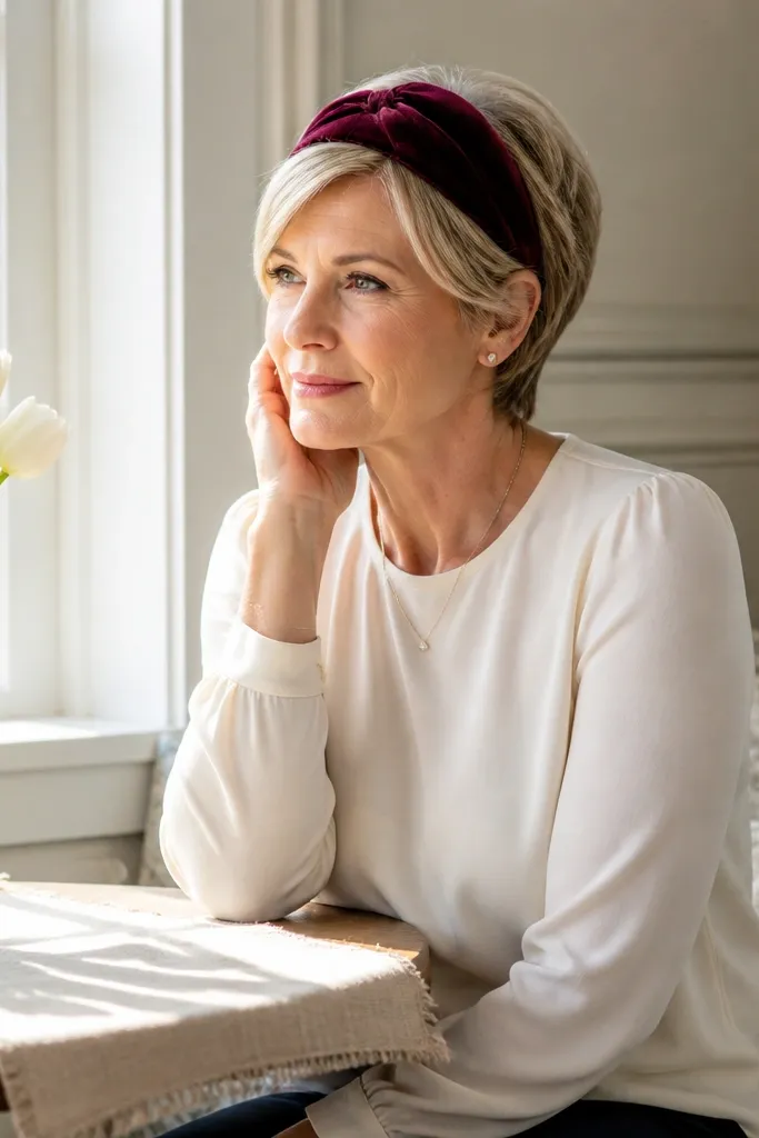 Short layered hair sleeked back with a velvet headband