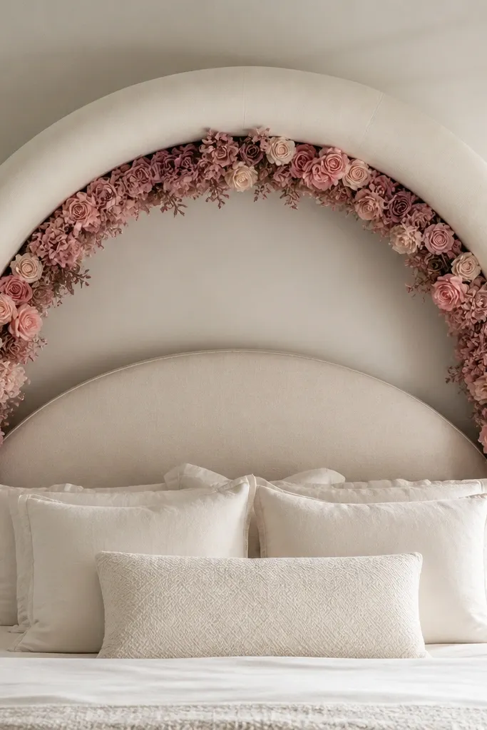 Ivory fabric arch above a bed with soft blush faux flowers