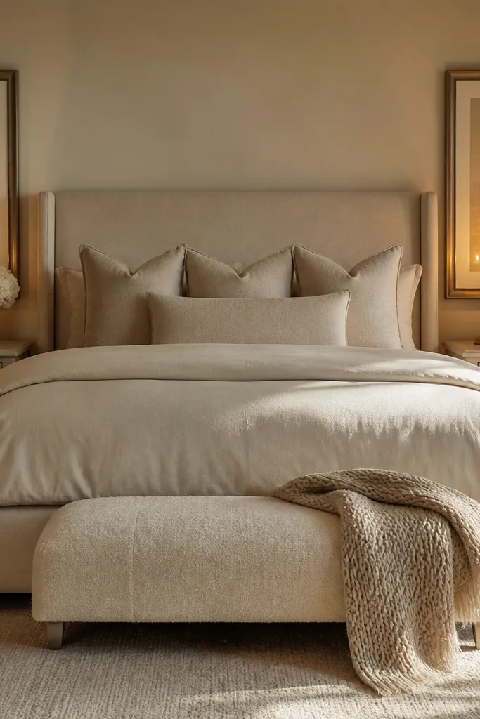 Two bedside tables with tall candle, medium vase, small tray