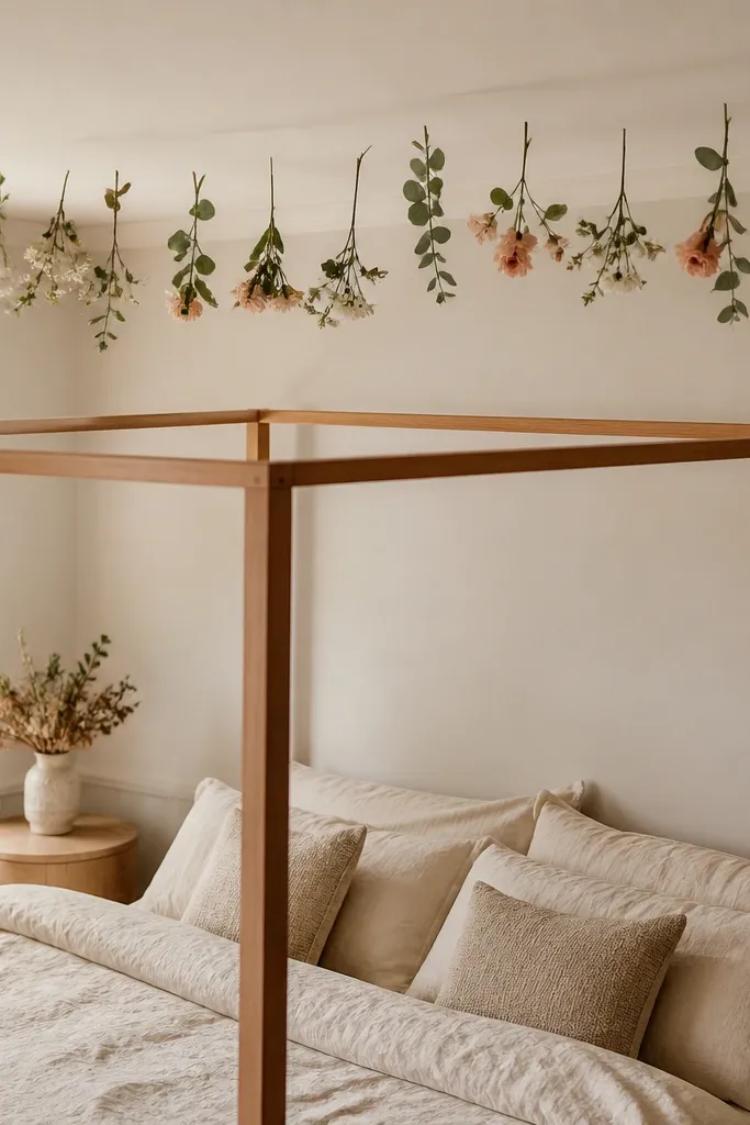 Small faux flowers hanging above bed with thin clear lines