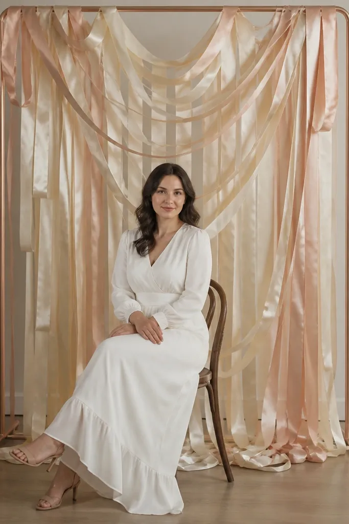 Freestanding backdrop with satin ribbons in ivory and blush
