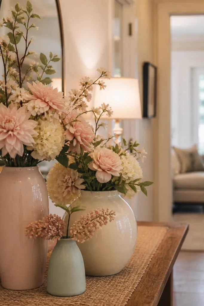 Three grouped vases with blush flowers on an entry table