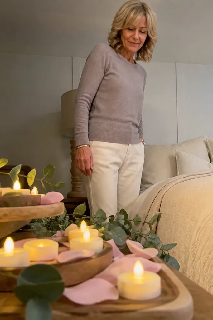 LED tea lights on staggered trays near the bed