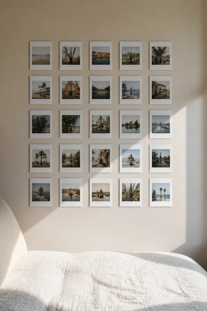 Polaroid-style cards arranged in a neat grid behind a bed