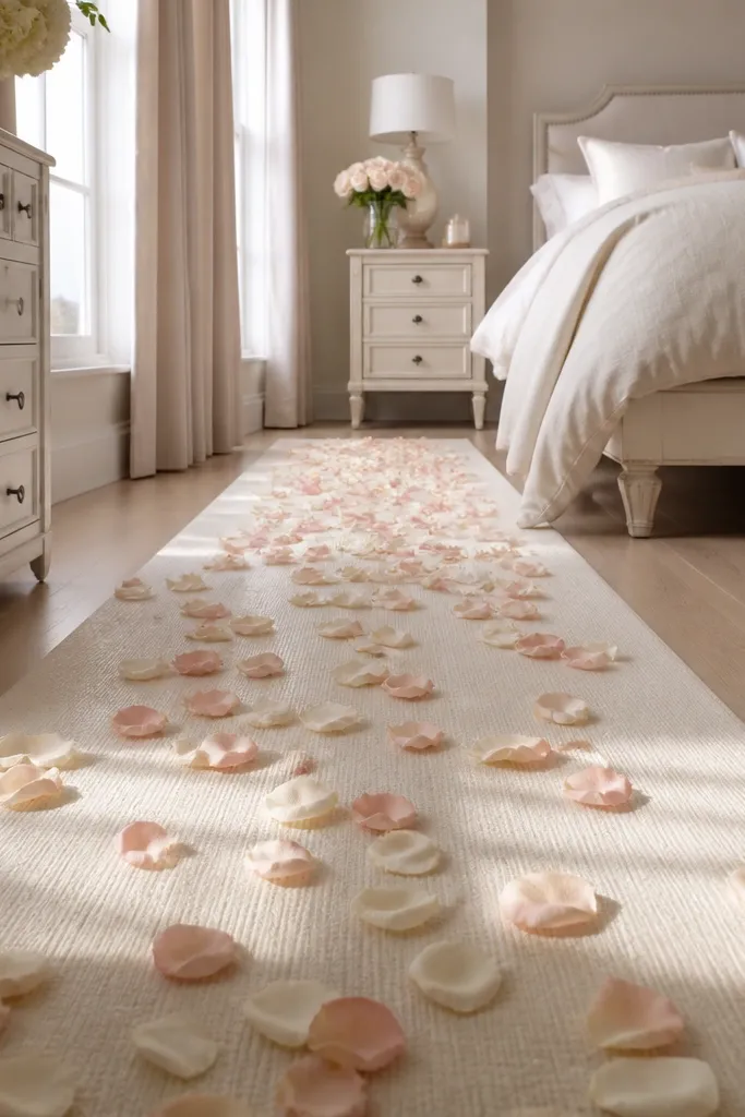 Cream rug runner scattered with blush rose petals near bed