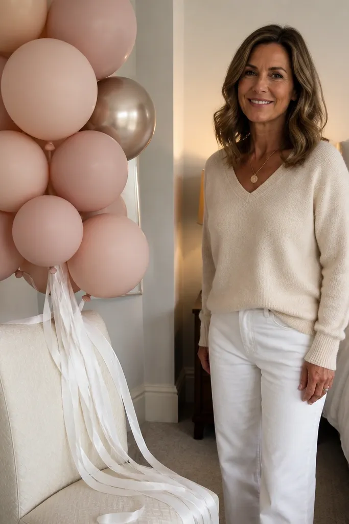 Blush balloon cluster with long white ribbon tails near window