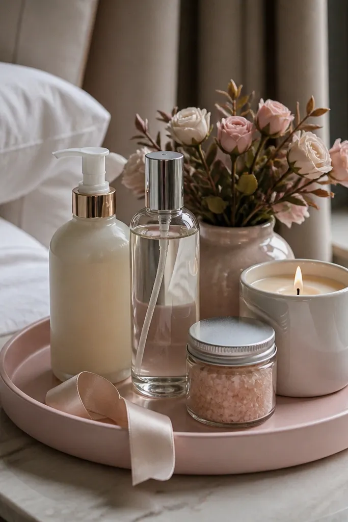 Mini tray with rose petals, lotion bottles, and candle by a chair