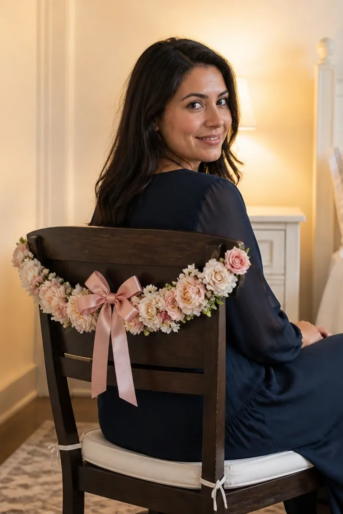 Wood chair with blush floral collar on the back and ribbon