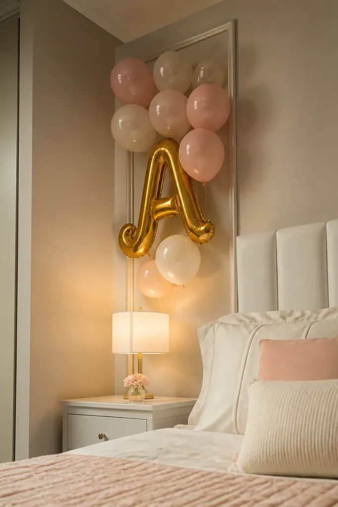 Gold monogram balloon with blush balloons behind bed corner