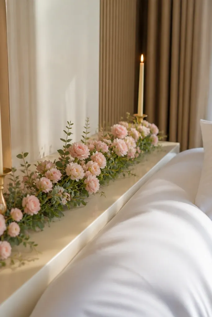 Long faux flower runner on ledge with two slim candles