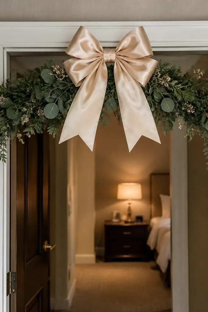 White door with satin bow and small greenery garland at the top
