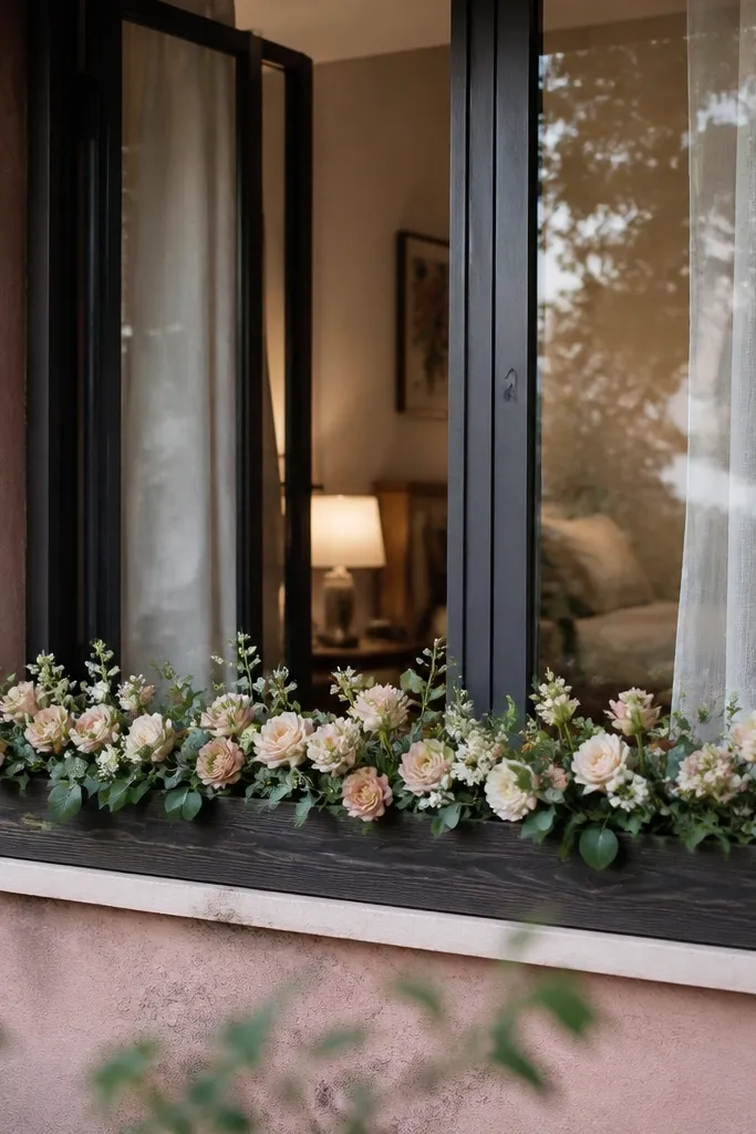 Wood board with blush flowers and greenery placed in front of window