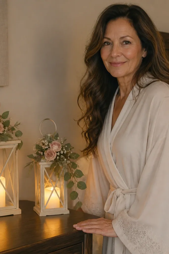 Lanterns with warm LED lights and small floral accents on side table