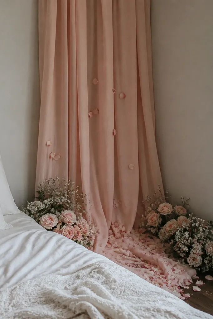 Blush fabric drape corner with rose petals and small flowers