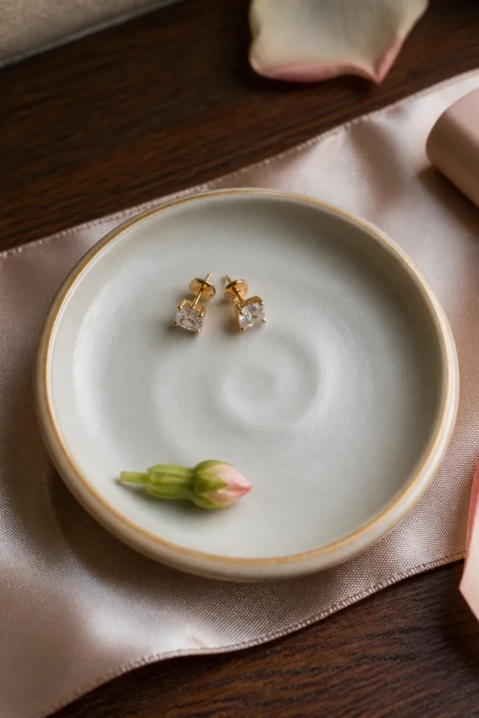 Ring dish and jewelry on cream tray with satin ribbon and flowers