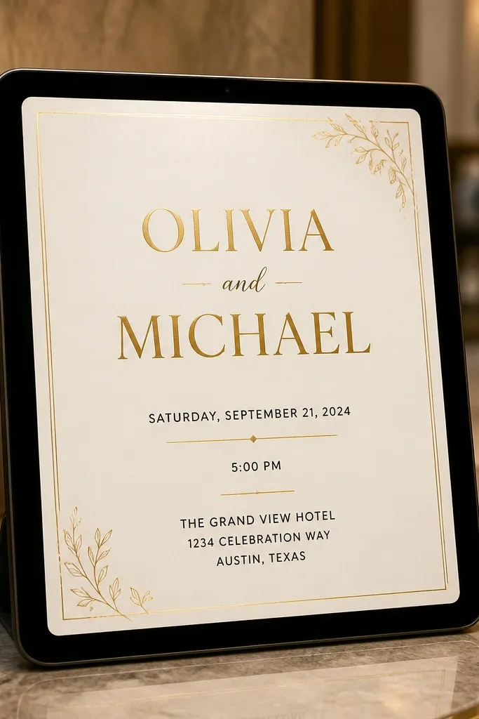 Cream background with black serif wedding text and gold gold-like initials