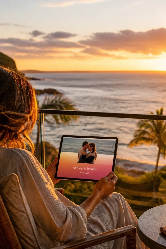 Warm sunset with a dark gradient strip for wedding text