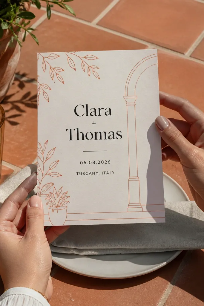 White card with terracotta line art border and clean black wedding text