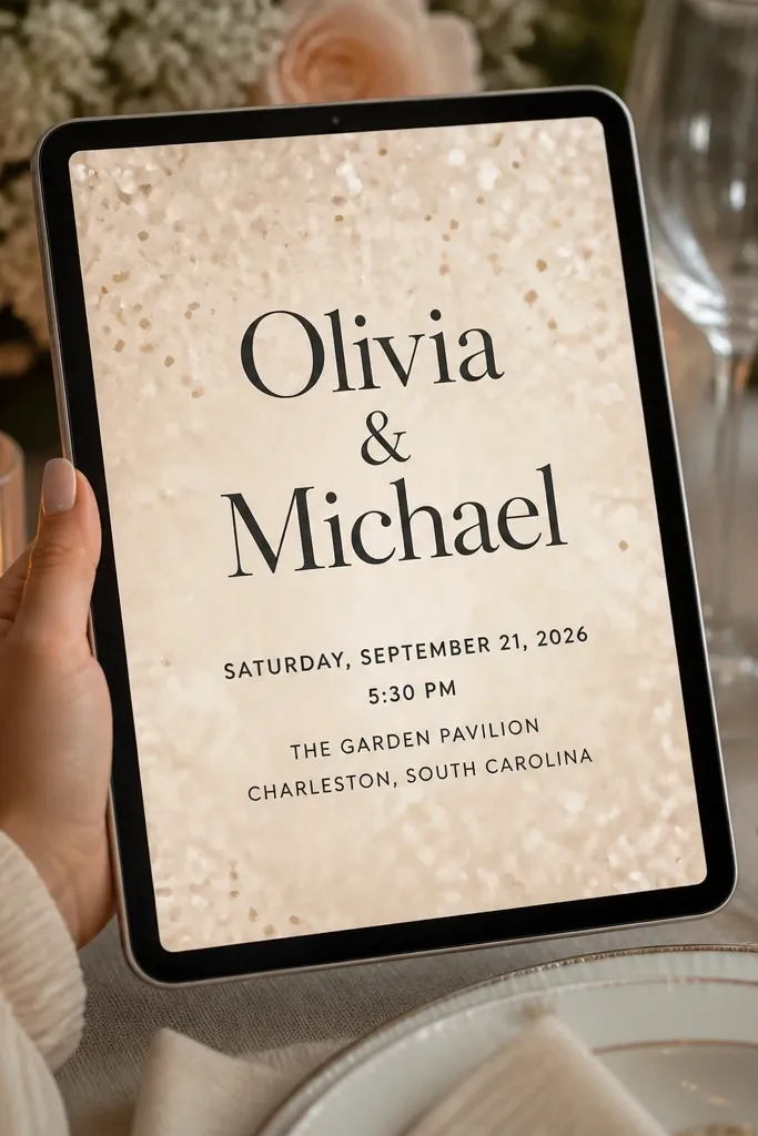 Soft champagne confetti background with black wedding text