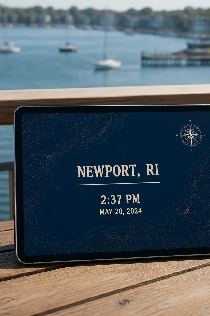 Navy themed card with faint map lines and cream nautical text