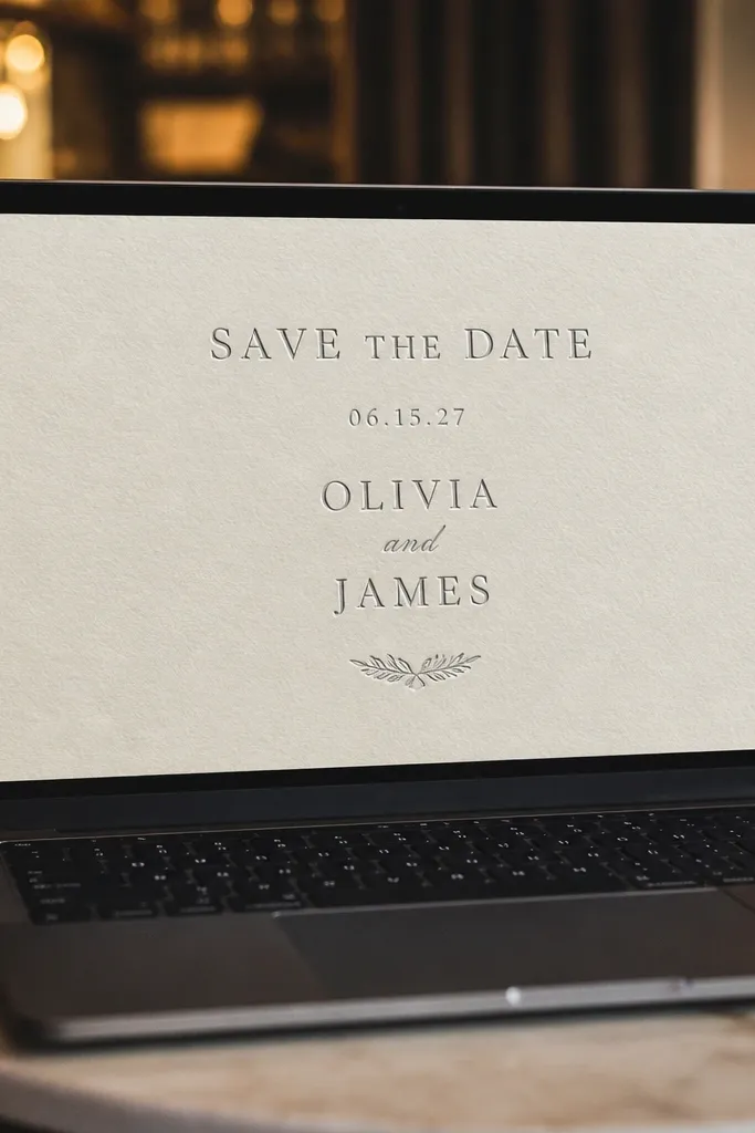 Cream textured paper background with dark embossed-looking wedding text