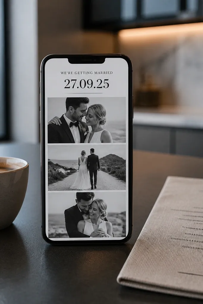 Two black-and-white photos stacked with thin separators and wedding text