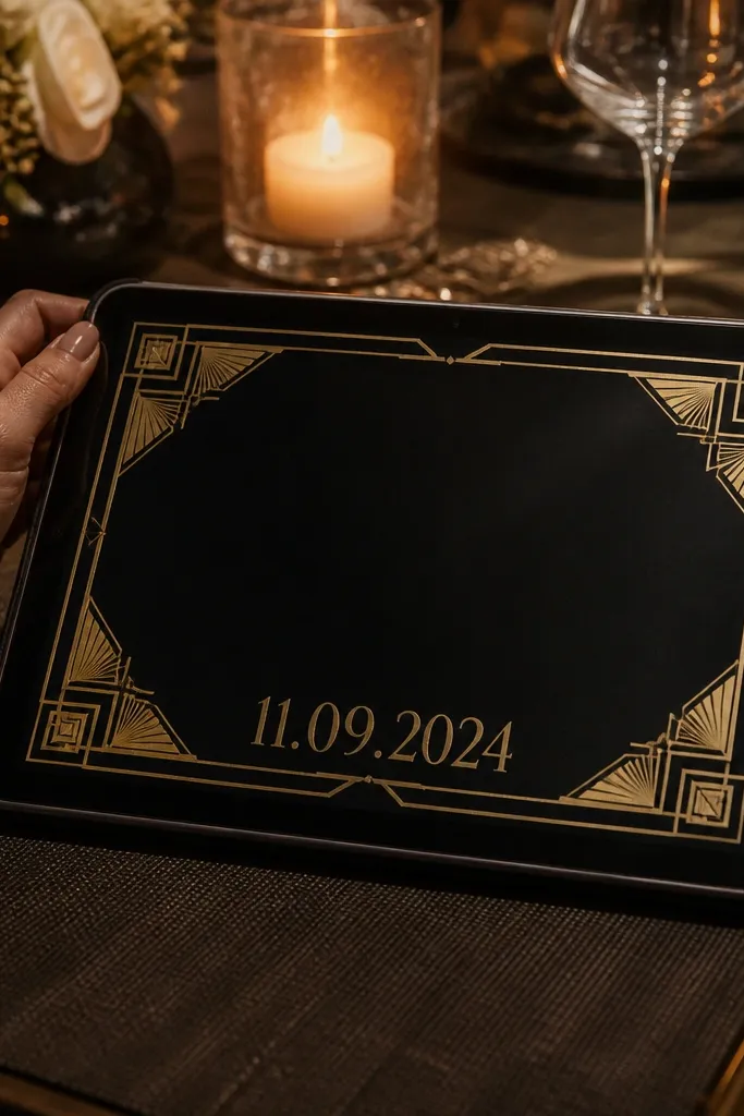Black card with gold geometric corners and cream art deco wedding text