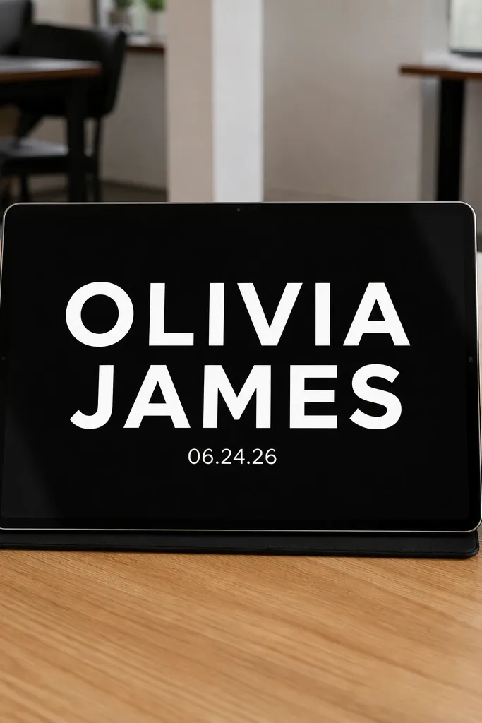 Black card with large white names and small date line underneath
