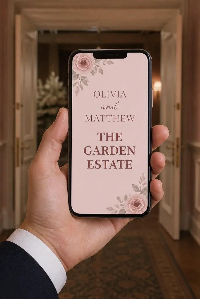 Blush background with floral corner accents and bold venue name text
