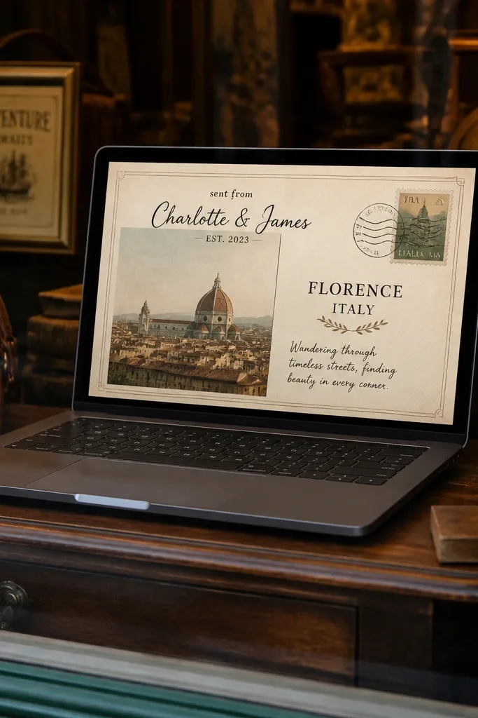 Vintage postcard style with stamp icon, date, and location text