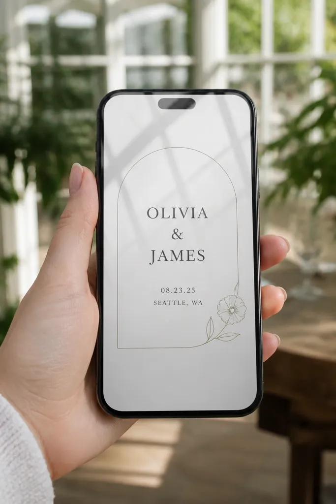 Cream card with thin arch line and one small flower icon plus wedding details