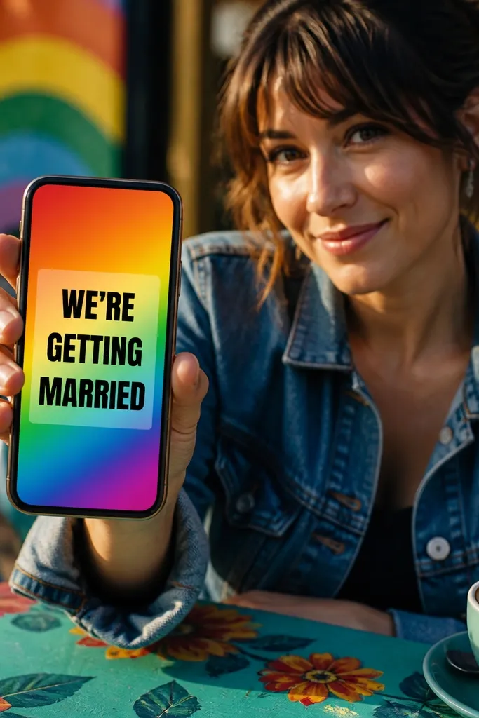 Bright rainbow gradient background with bold black wedding text