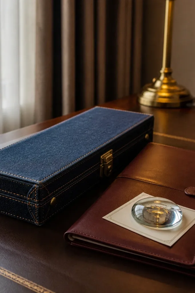 Charcoal denim folder with oxblood leather label and a small tie-shaped card holder