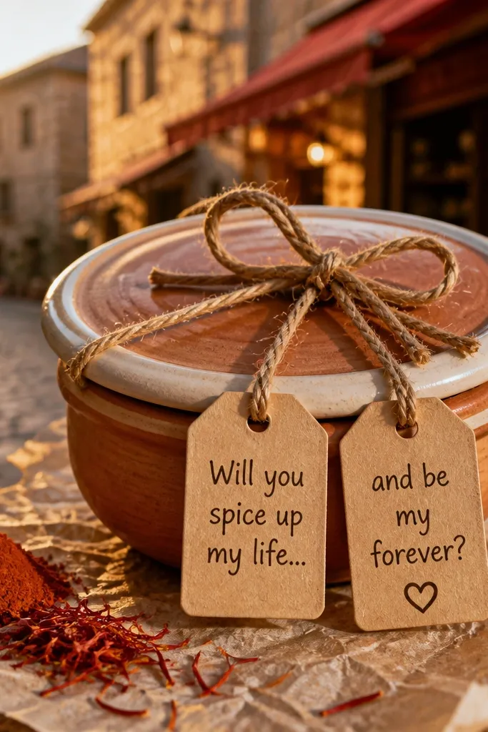 Terracotta gift box with cream tissue, spice-tag labels, and a small folded recipe card