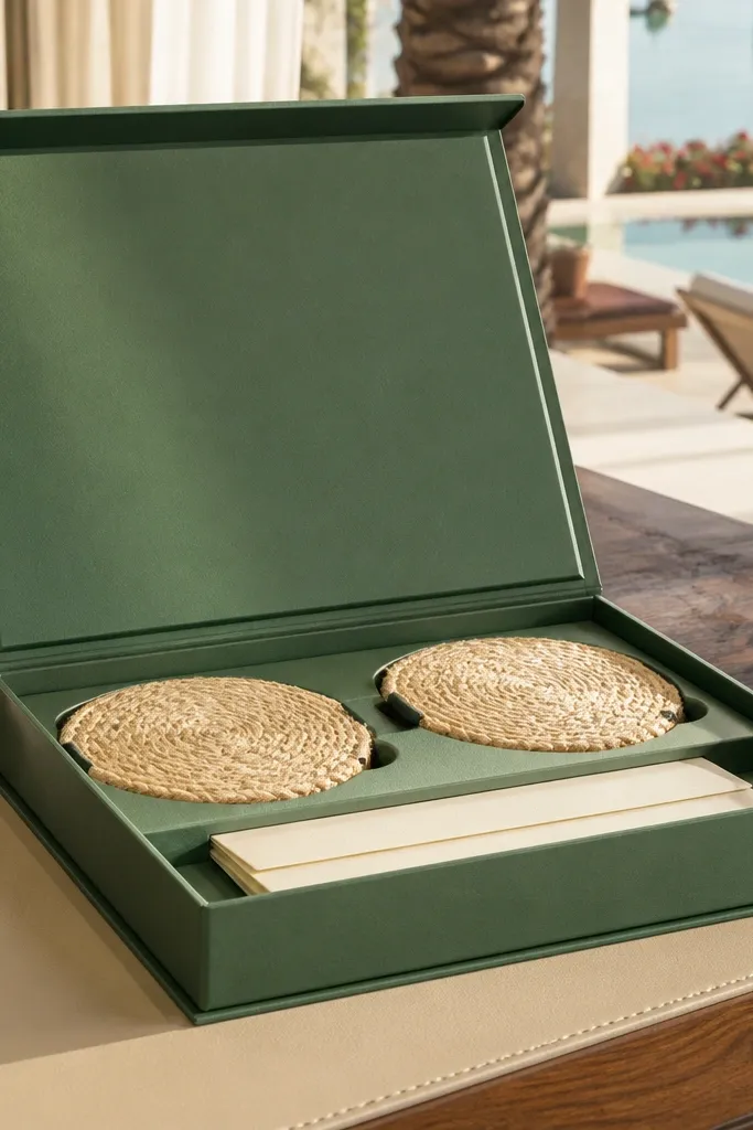 Palm green box with woven coaster inserts and a tropical card tied with ribbon