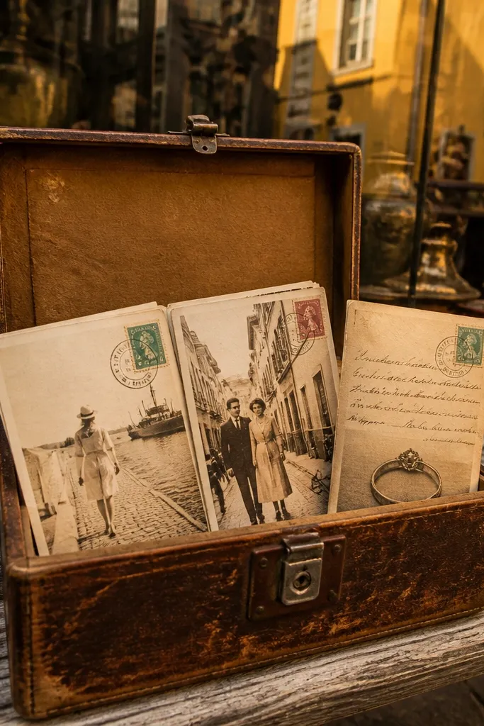 Kraft box with three vintage postcards and small stamp stickers arranged in a row
